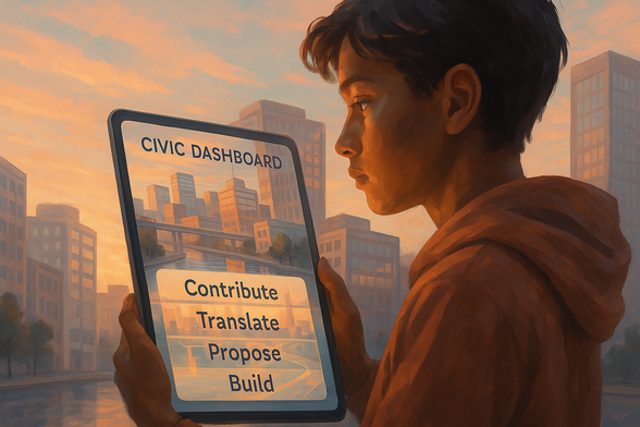 A glowing civic dashboard unfurls across a tablet held by a young person in the street. Reflected in the screen: the buildings of their city shift slightly — infrastructure regains transparency. On the screen, a prompt says: “Contribute. Translate. Propose. Build.” Their expression: not surprised, but ready.