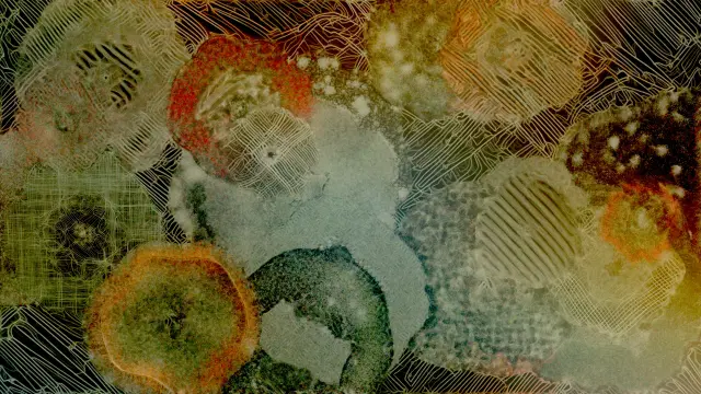 Code generated organic looking image, 4K. A still out of a cumulative simulation. Greens with some reds and yellows. Some parts feature more or less parallel lines. May remind us of lichen.