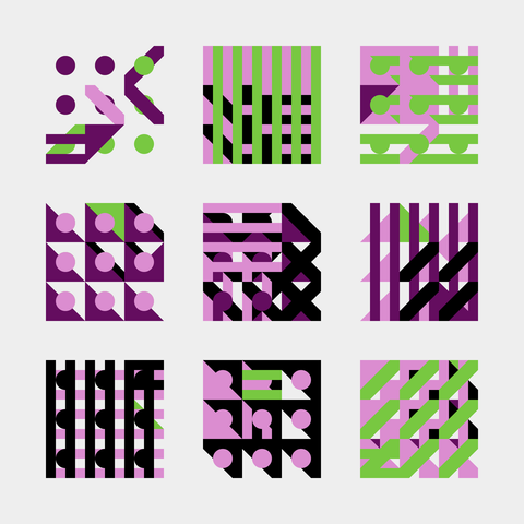 A 3x3 grid of colorful mini square compositions using purple, pink, green, and black. Each square contains bold geometric shapes—dots, lines, and blocks—arranged in distinct patterns with visual rhythm and contrast.