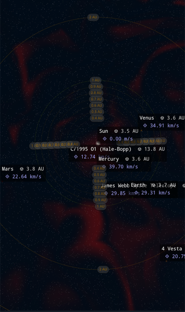 A screenshot of Teskooano showing the inner planetary positions for 1am on 22nd July
