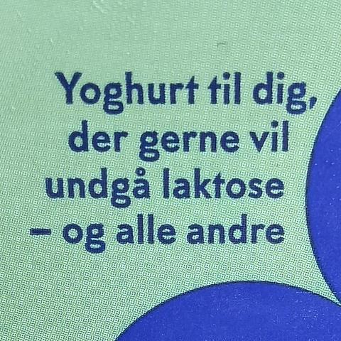 A picture of some Danish text on a carton of yogurt. It says:

“Yoghurt til dig, der gerne vil undgå laktose – og alle andre”

Or in English:

“Yogurt for those who want to avoid lactose – and everybody else”