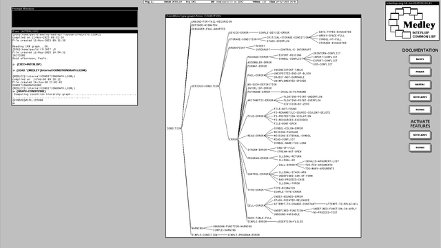 Screenshot of the black and white desktop of a 1980s graphical workstation environment. The desktop has a gray background pattern and some windows with a white background and a title bar with white text on a black background. The main window shows a graph of the hierarchy of the condition system of a Common Lisp implementation.