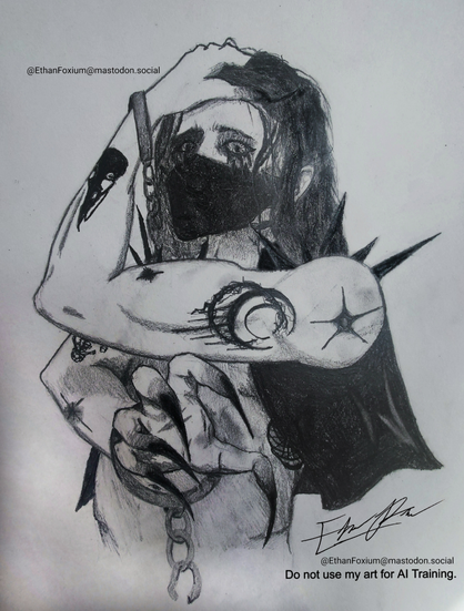 A graphite illustration of a white man wearing only a sleeveless leather vest strikes a pose. His right hand is reaching around his body to grab you, while his left is running through his scalp hair. The pose is very contorted, yet somewhat stretched out. The hands have long black fingernails that look like claws, and the tips of the fingers themselves appear blacker at the tips. His wrists are shackled, but the chains are broken. He wears a tight face mask, and all you can see of his face are eyes that read of anguish and the bridge of his nose. He wears eye makeup and looks angsty. His hair is shoulder length. His arms have tattoos all over them, including a crescent design, multiple stars, skeletal koi, and a raven skull.