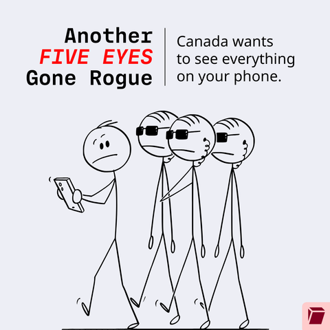 Title:
Another FIVE EYES Gone Rogue 
-
Canada wants to see everything on your phone

Drawing of:
Secret services agent following a person with their phone in hand.