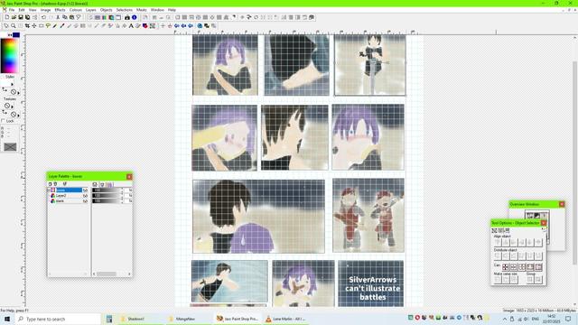 Screenshot of me working on my manga remake on PSP7. I'm using a template with a grid this time to keep the image dimensions and spacing consistent