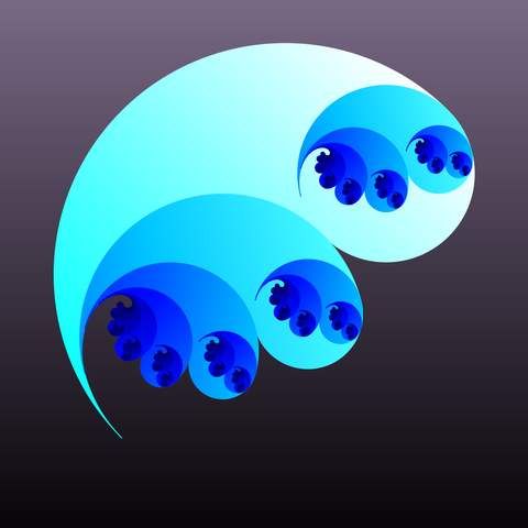 Curvilinear picture in shades of blue over grayish background, motives repeat at different sizes.