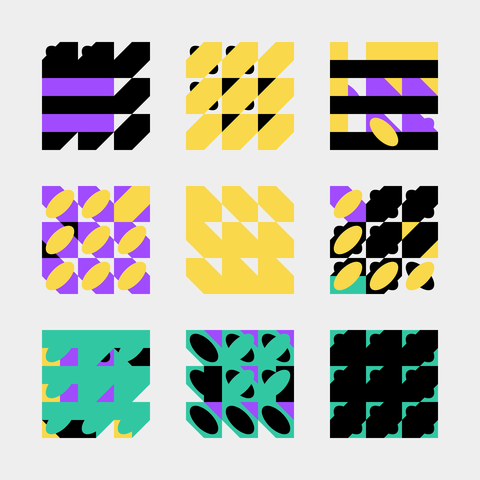 A 3x3 grid of mini square patterns using black, yellow, purple, and teal. Each square features bold geometric elements—circles, triangles, and stripes—arranged in rhythmic, angular, and layered compositions.