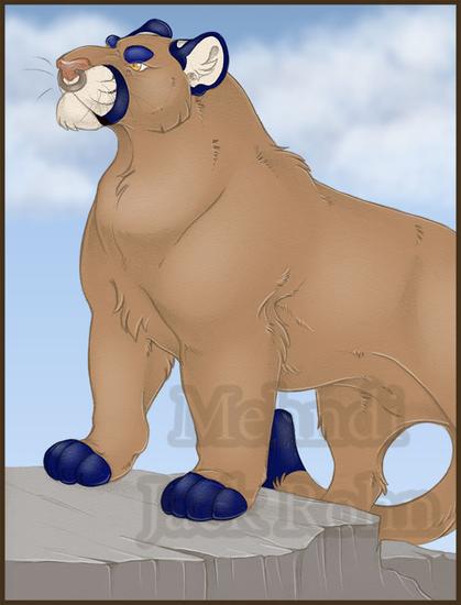 A bulky brown puma with blue on his muzzle stripe, ears, eye dots and paw digits. He's standing on a rocky cliff. He has a nose ring and orange eyes.