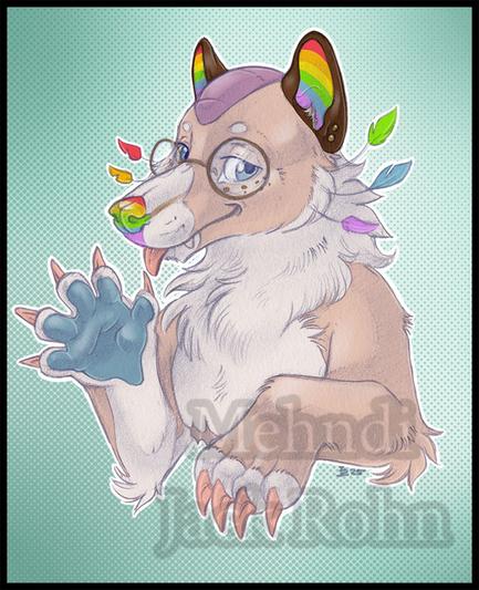 A thylacine x armadillo anthro. They have blue pawpads. They also have a rainbow nose and inner ears. There are long strands that have rainbow feathers at the end. They have round glasses on.