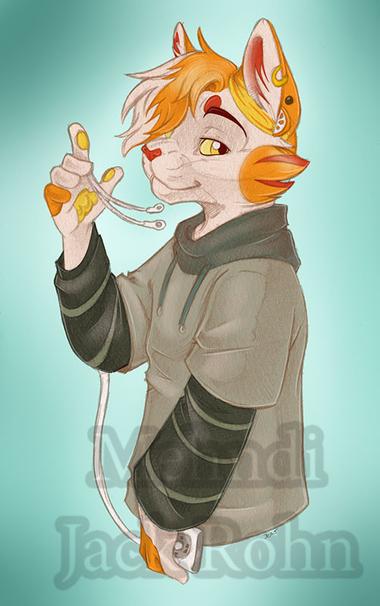 An anthro cat who's white and orange. He has some stripes on his cheeks. He's in a grey hoodie with striped sleeves. He's holding an older style iPod and swinging the earphones threaded between his right hand.
