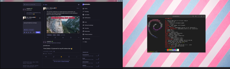 A split screen with a Mastodon post on the left discussing Debian 13 release date, and a terminal on the right showing system info on a pink and blue striped wallpaper.