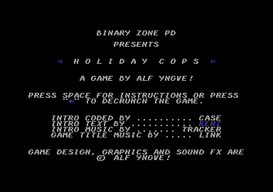 Screenshot of "Holiday Cops" - Crack: Beatniks - Trainer: +2 - Published by Binary Zone on Commodore 64 (1993)