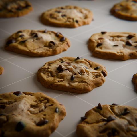 A 3D render of an array of chocolate chip cookies spread out on a sheet with a grid overlay. The depth of field is strong, making only the cookie in the middle of the view easy to be discerned.
