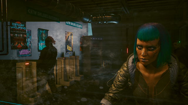 Cyberpunk 2077 game capture showing V in a bathroom looking, with disgust or annoyance, at a guy by a urinal.