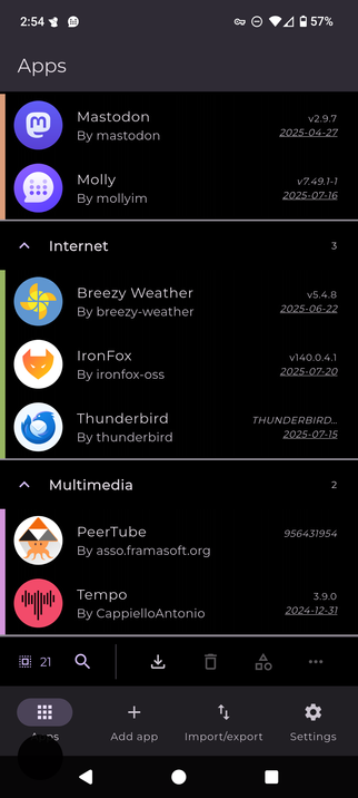 A screenshot of the Obtainium application. In the list is Mastodon, Molly,  Breey Weather, IronFox, Thunderbird, PeerTube, Tempo.
