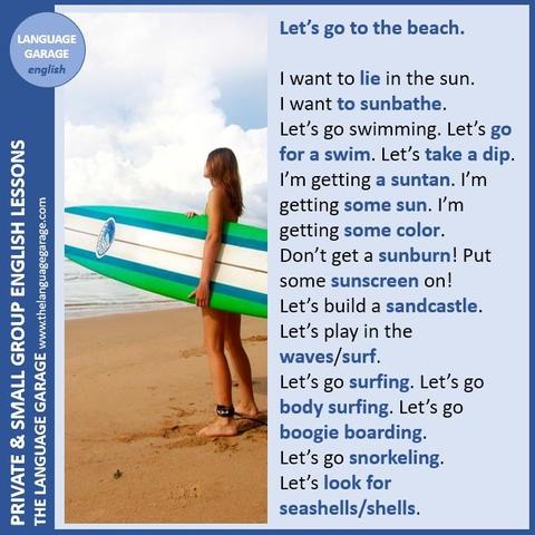 English vocabulary for beach activities, image of a woman holding a surfboard