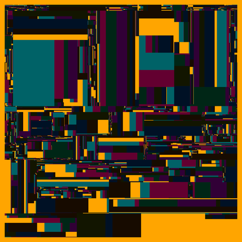 code generated design created by subdividing rectangles in 6 iterations. Some rectangles are just a few pixels in size, others are much larger. Palette of 8 colors with light orange background.