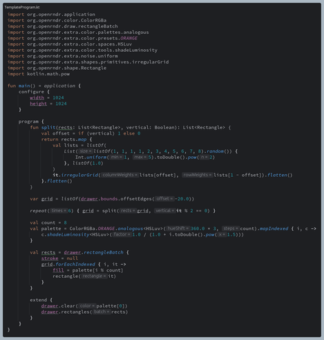 // source code with imports from org.openrndr removed so it fits in a toot

fun main() = application {
    configure {
        width = 1024
        height = 1024
    }

    program {
        fun split(rects: List<Rectangle>, vertical: Boolean): List<Rectangle> {
            val offset = if (vertical) 1 else 0
            return rects.map {
                val lists = listOf(
                    List(listOf(1, 1, 1, 1, 2, 3, 4, 5, 6, 7, 8).random()) {
                        Int.uniform(1, 5).toDouble().pow(2)
                    }, listOf(1.0)
                )
                it.irregularGrid(lists[offset], lists[1 - offset]).flatten()
            }.flatten()
        }

        var grid = listOf(drawer.bounds.offsetEdges(-20.0))

        repeat(6) { grid = split(grid, it % 2 == 0) }

        val count = 8
        val palette = ColorRGBa.ORANGE.analogous<HSLuv>(360.0 * 3, count).mapIndexed { i, c ->
            c.shadeLuminosity<HSLuv>(1.0 / (1.0 + i.toDouble().pow(1.5)))
        }

        val rects = drawer.rectangleBatch {
            stroke = null
            grid.forEachIndexed { i, it ->
                fill = palette[i % count]
                rectangle(it)
            }
        }

        extend {
            drawer.clear(palette[0])
            drawer.rectangles(rects)
        }
    }
}