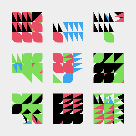A 3x3 grid of abstract mini square patterns using black, red, green, and blue. Each square features geometric shapes like triangles, leaf-like curves, and pointed spikes, arranged in playful, angular, and symmetrical layouts.