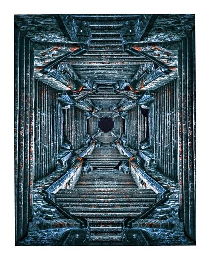 This is a composite photograph of a staircase which is dimly lit and has a Gothic-esque style to it. The staircase, composed of aged, weathered steps and intricately carved columns, ascends in a symmetrical, pattern top and bottom, left and right. The stairs are mirrored in all directions hoping to create an optical illusion.  The dark, muted colors of the stone contrast with the dark centre filled with stars.
