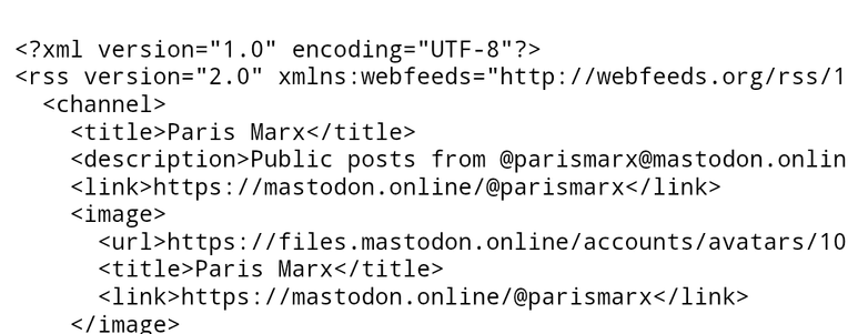 Mastodon RSS showing XML header, plus RSS 2 attributes.