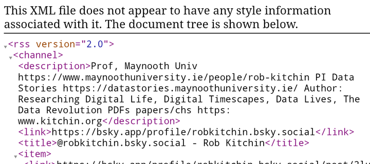 Bluesky RSS showing no XML header, or other RSS 2 attributes.