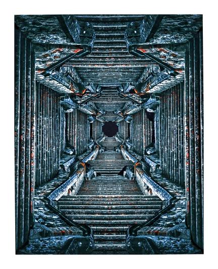 This is a composite photograph/photo manipulation of a staircase which is dimly lit and has a Gothic-esque style to it. The staircase, composed of aged, weathered steps and intricately carved columns, ascends in a symmetrical, pattern top and bottom, left and right. The stairs are mirrored in all directions hoping to create an optical illusion.  The dark, muted colors of the stone contrast with the dark centre filled with stars.