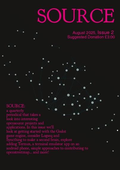 A cover image for SOURCE Issue 2. The heading and some text are in magenta with a black background. Diagonally across the middle is a complex looking graph which is a screenshot from Logseq. The bottom left corner has a triangle of text which contains info about the magazine content.