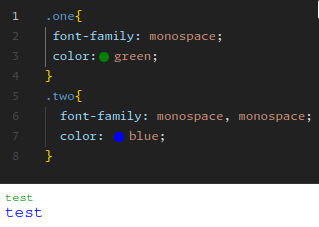 Two css-classes, one with `font-family: monospace` and one with `font-family: monospace, monospace`. Below the result, with the first text being small and the second one being bigger.
