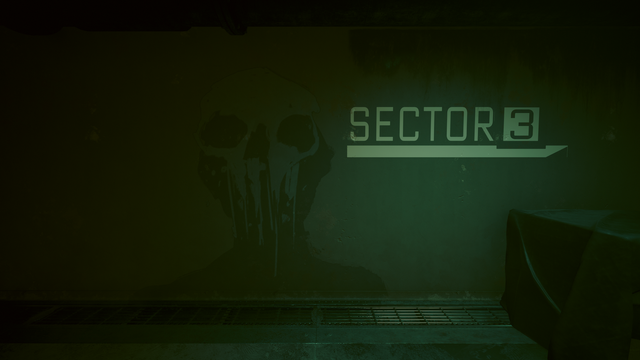 Cyberpunk 2077 in-game photo showing Maelstrom graffiti on a wall beside the written text “Sector 3”. The image is dark, similar to the menacing graffiti in feeling.
