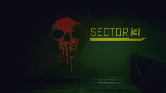 Cyberpunk 2077 in-game photo showing red, blood-like Maelstrom graffiti on a wall beside the written text “Sector 3”. The image is dark, similar to the menacing graffiti in feeling. This image has a texture over the graffiti that makes it look faded and grungy in parts.