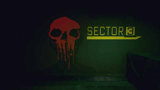 Cyberpunk 2077 in-game photo showing red, blood-like Maelstrom graffiti on a wall beside the written text “Sector 3”. The image is dark, similar to the menacing graffiti in feeling.