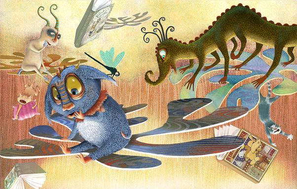 Against a light-filled, textured background, multiple monsters of all shapes and sizes gleefully leap into an open space and fly, float and... fall. :-)