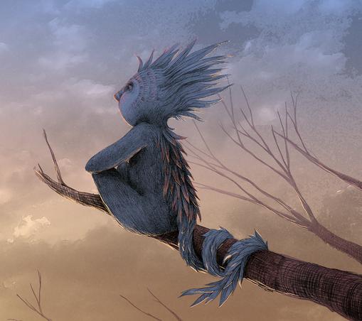 Peaceful Moment at Sunrise.
A muted gray creature rests lightly upon a barren branch, high atop a solitary tree at sunrise. It's expression is calm and thoughtful. The expansive sunlit sky paints its face, feathered mane and furred body with orange, as its long tail wraps around the branch securely.