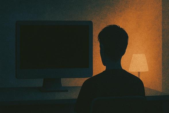 A person in front of his computer in a dark room