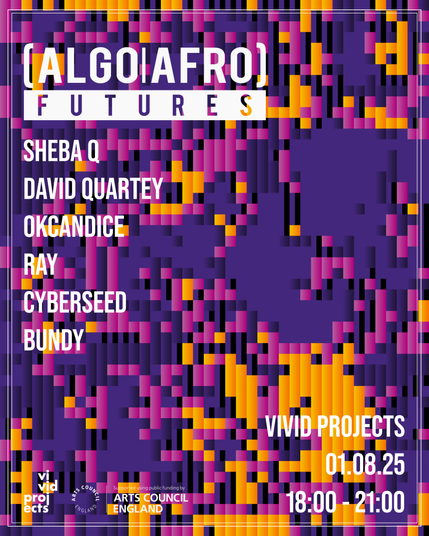 A purple/pink/yellow pixelated background with the (Algo|Afro) Futures logo and the names of all of the performers