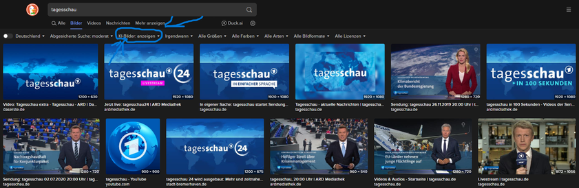 Ein Bild vom Browser Duckduckgo was als Referenz für die Bilder suche die Tagesschau benutzt und mit blauen Farben die KI-Bilder Filter Funktion hervorhebt.