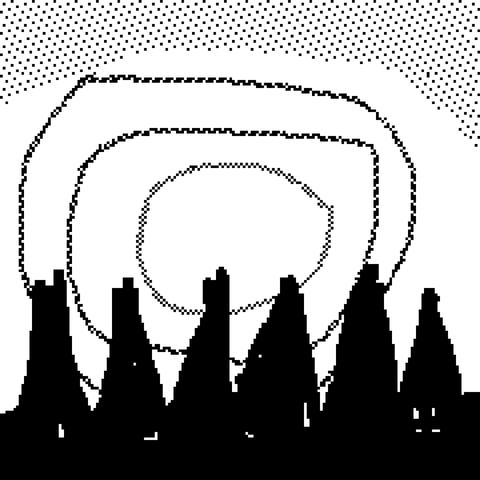 a pixelly black and white doodle of a darkened line of spruce trees backlit by a stylized sunset: three concentric lines of different texture representing colors.