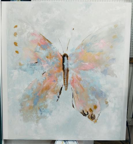 an abstract impressionist painting, it is a large butterfly on a cloudy light silver background, the wings done with pastel pinks and blues and golds