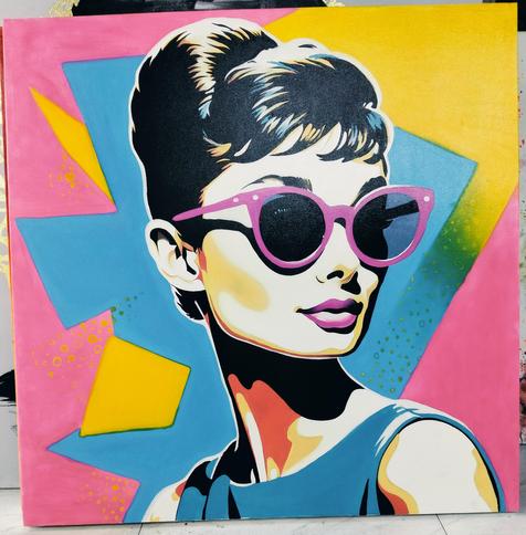 a painting of audrey hepburn, seen from her upper chest up, she is wearing pink sunglasses and looking to the right, the background is irregular shapes done in pinks, yellows, and blues