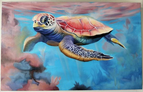 a painting of a turtle swimming through waters, done in pastel tones of pink and tan and blues