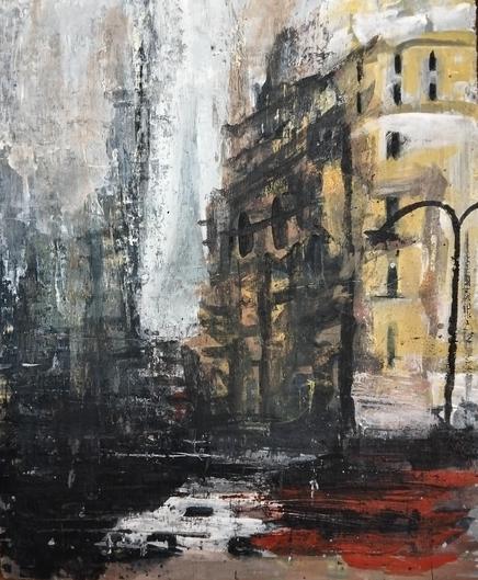 a painting, it is an impressionist painting of a street in paris, cars blurring as they drive by, a naples yellow building, the background distorted and cloudy