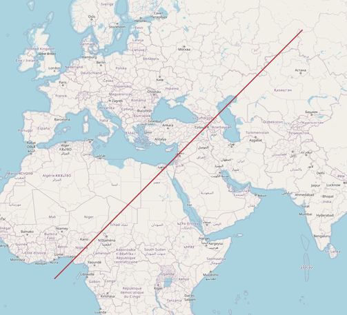 Loxodromic curve in Web-Mercator (red) vs straight line connecting the end endpoints (blue). Low zoom level.
