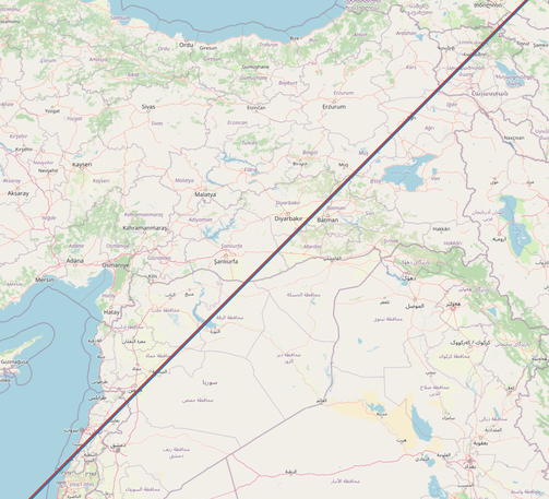 Loxodromic curve in Web-Mercator (red) vs straight line connecting the end endpoints (blue). Mid zoom level.