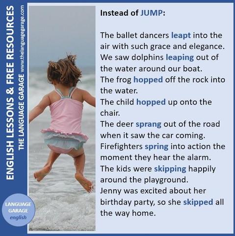 English synonyms for jump, image of a little girl jumping in the waves at a beach