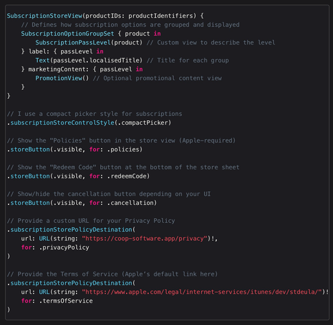 Code to present a store view in SwiftUI with various display options