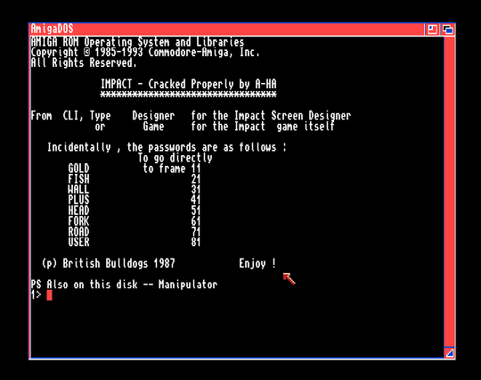 Screenshot of "Impact!" - Crack: A-Ha - Published by Audiogenic on Commodore Amiga (1987)