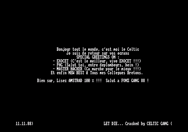Screenshot of "007 - Live and Let Die" - Crack: Celtic Gang - Published by Domark on Amstrad CPC (1988)
