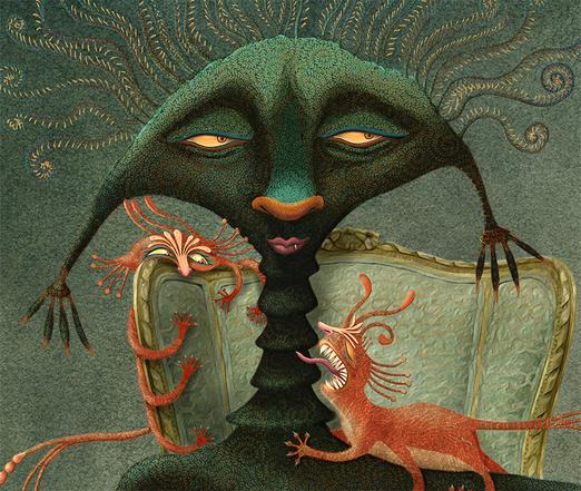A rather stern creature, deep green in color and patterned in intricate and interlocking swirls, relaxes upon an ornate upholstered chair. She gazes languidly into the distance, while her three six-legged felines of vivid orange mewl for attention. One clawed tentacle dangles a toy playfully for her pets.
