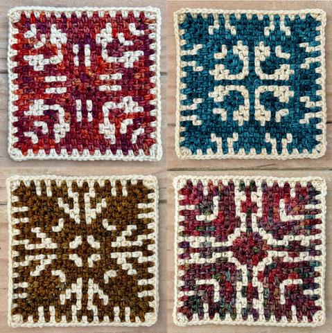 Four examples of Pixie Squares in different colors, each with a different complex, pixellated motif